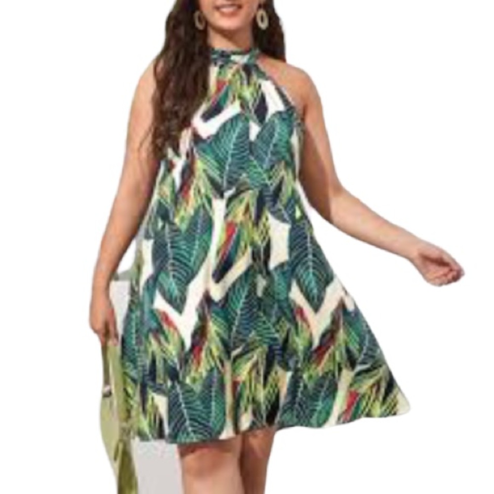 New Ouges Leaf Tropical Print Halter Midi Dress G… - image 3